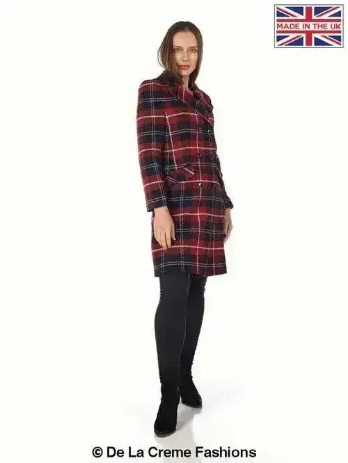 Wool Blend Tartan Check Double Breasted Coat