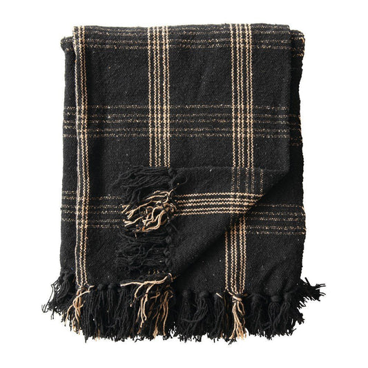 Woven Cotton Blend Throw Blanket with Fringe, Black & Tan Plaid
