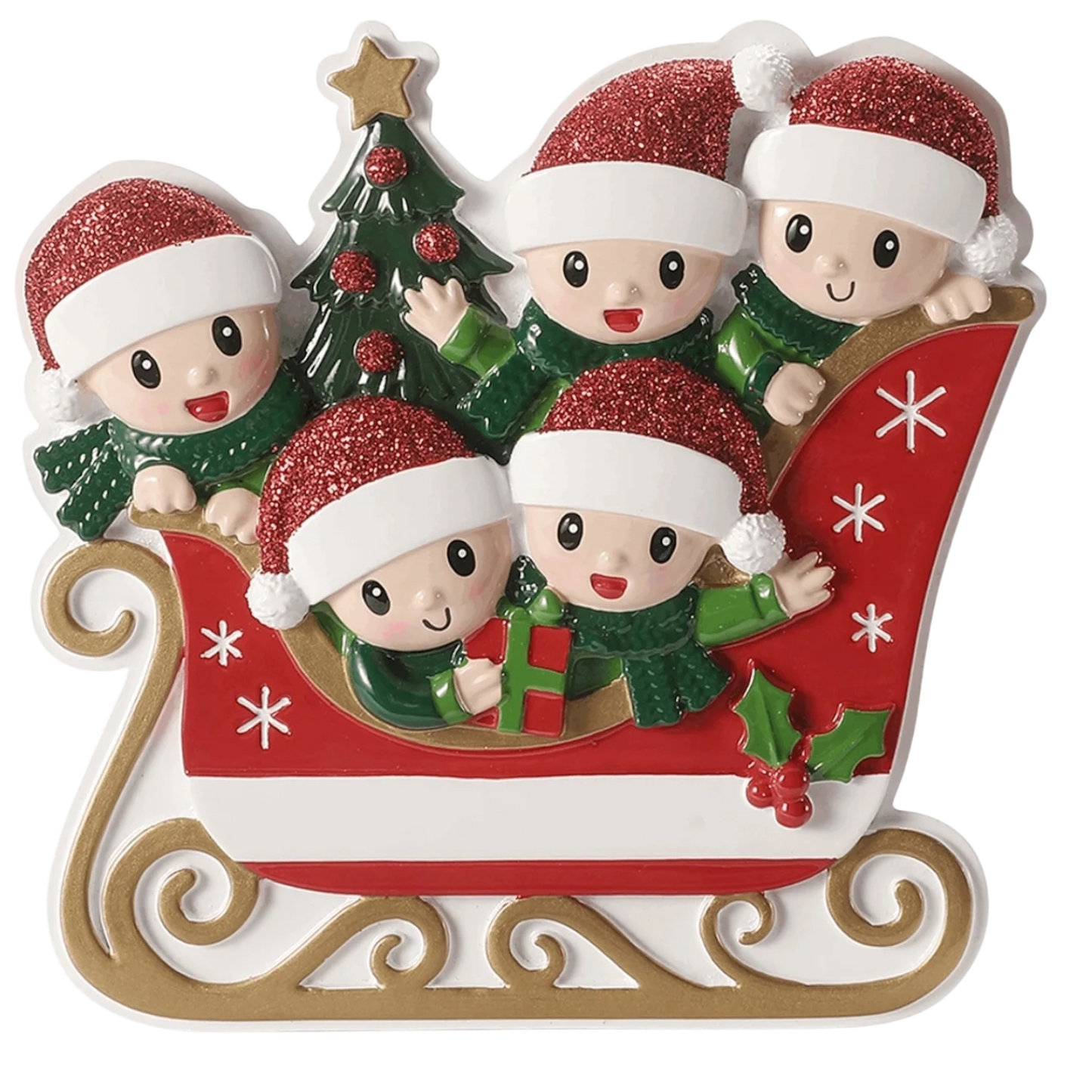 Sleigh With Gold Rails Family of 5 Ornament