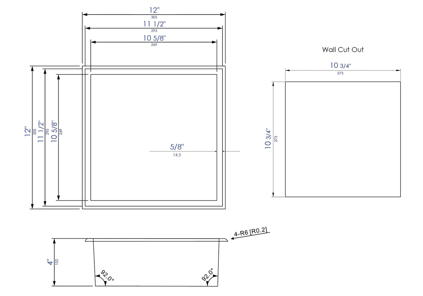 ALFI brand ABNP1212 12" x 12" Stainless Steel Square Single Shelf Shower Niche