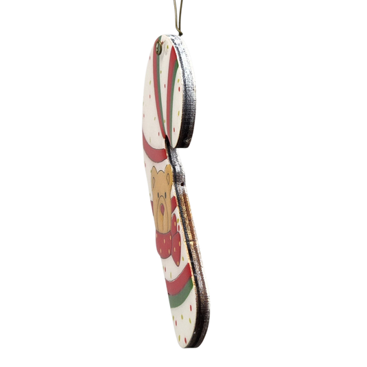 Holiday Bear Candy Cane Wooden Ornament
