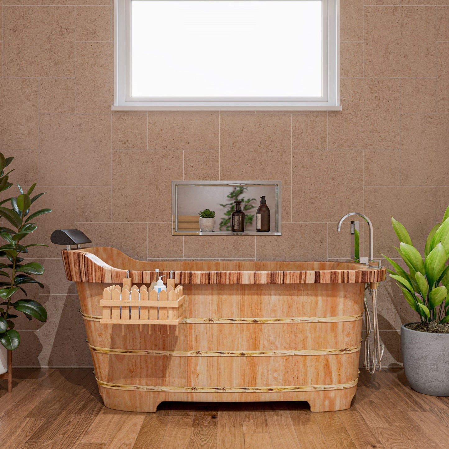 ALFI brand AB1148 59" Free Standing Wooden Bathtub with Chrome Tub Filler