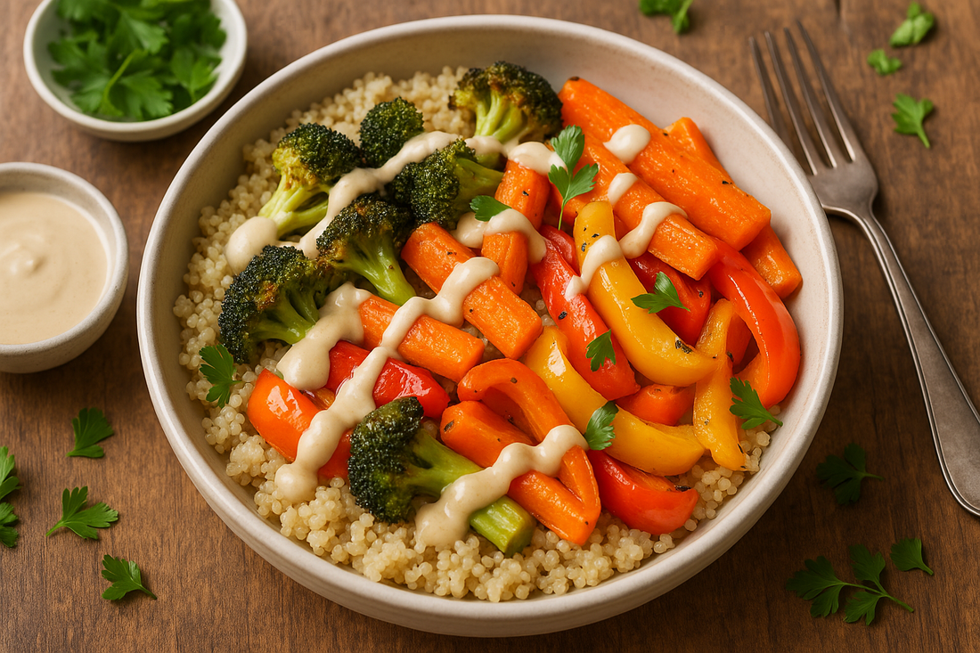 Roasted Vegetable Quinoa Bowl with Tahini Dressing | Kitchen + Metal