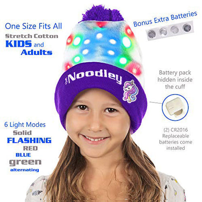 LED Light Up Glow Unicorn Beanie Hat with Pom Gifts for Girls Kids and Boys (One Size)
