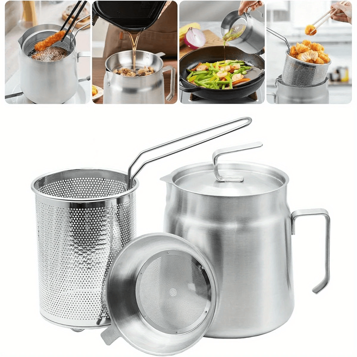 Stainless Steel Oil Filter Pot with Fine Mesh Strainer & Fry Basket – Grease Container for Kitchen Cooking Oil Storage