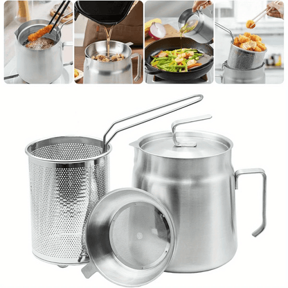 Stainless Steel Oil Filter Pot with Fine Mesh Strainer & Fry Basket – Grease Container for Kitchen Cooking Oil Storage
