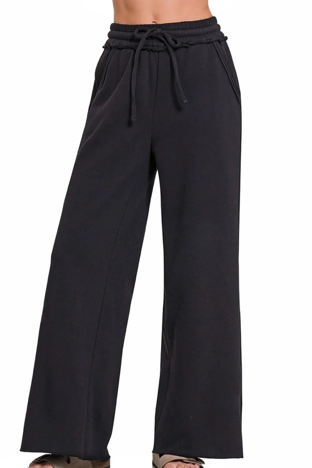 Zenana Fleece Exposed Seam Wide Leg Sweatpants in Black