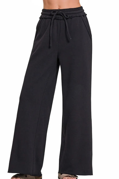 Zenana Fleece Exposed Seam Wide Leg Sweatpants in Black