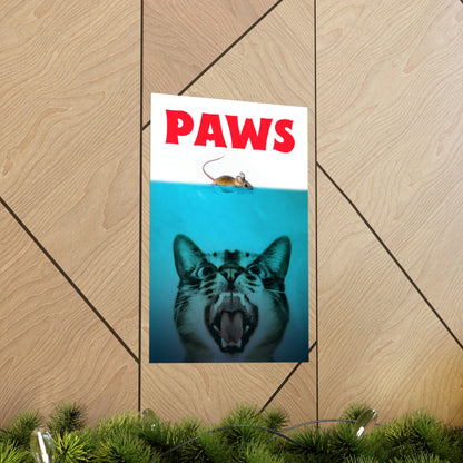 Poster of a cat with 'PAWS' text on a wooden wall.