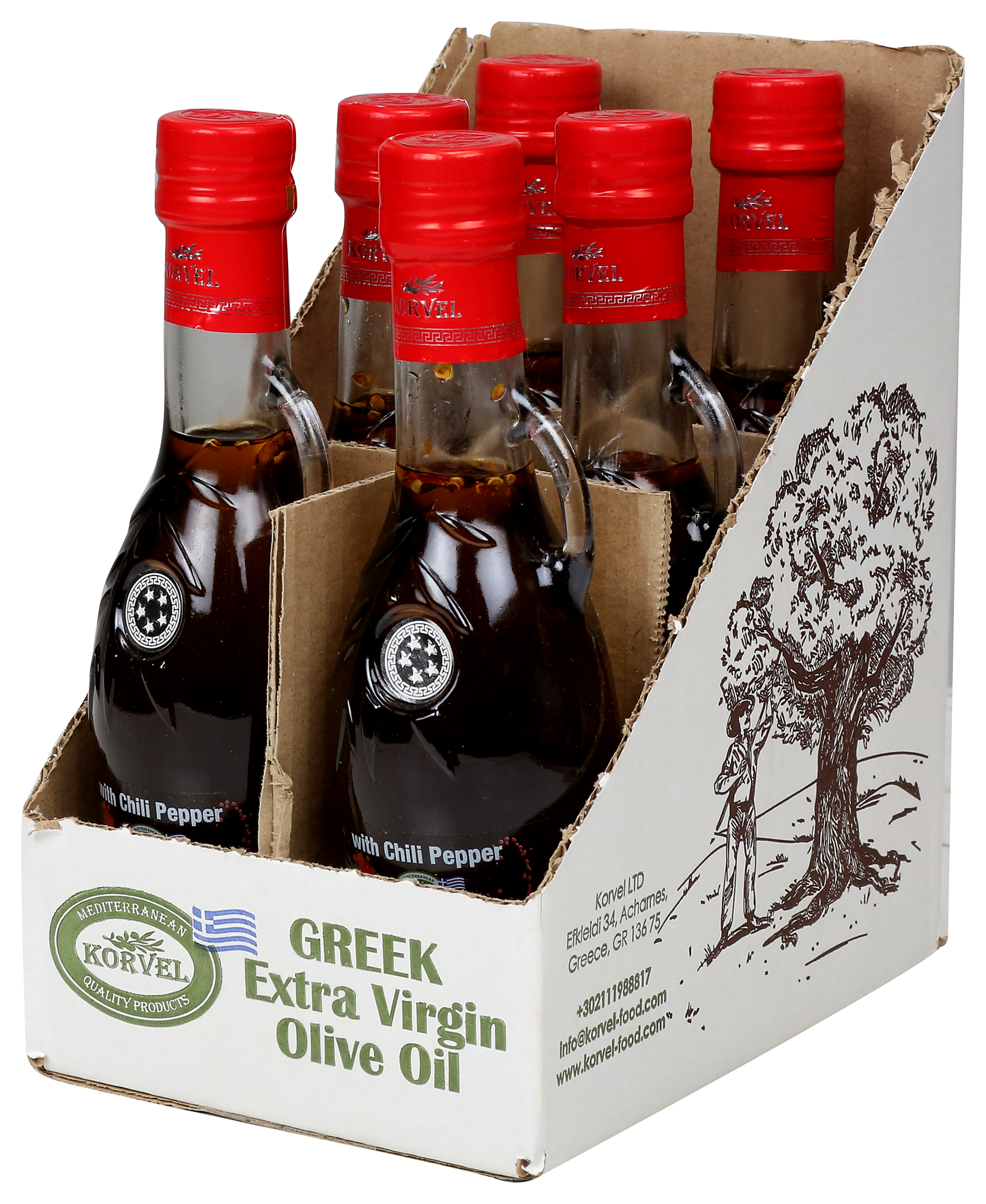 KORVEL Greek Extra Virgin Olive Oil with Chili Pepper, Amphora 8.45 fl oz (250ml) - 6 pack