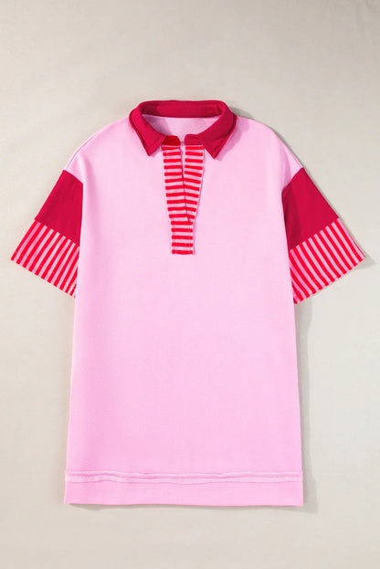 White Stripe Colorblock Sleeve Collared Pop of Color Neckline Dress
