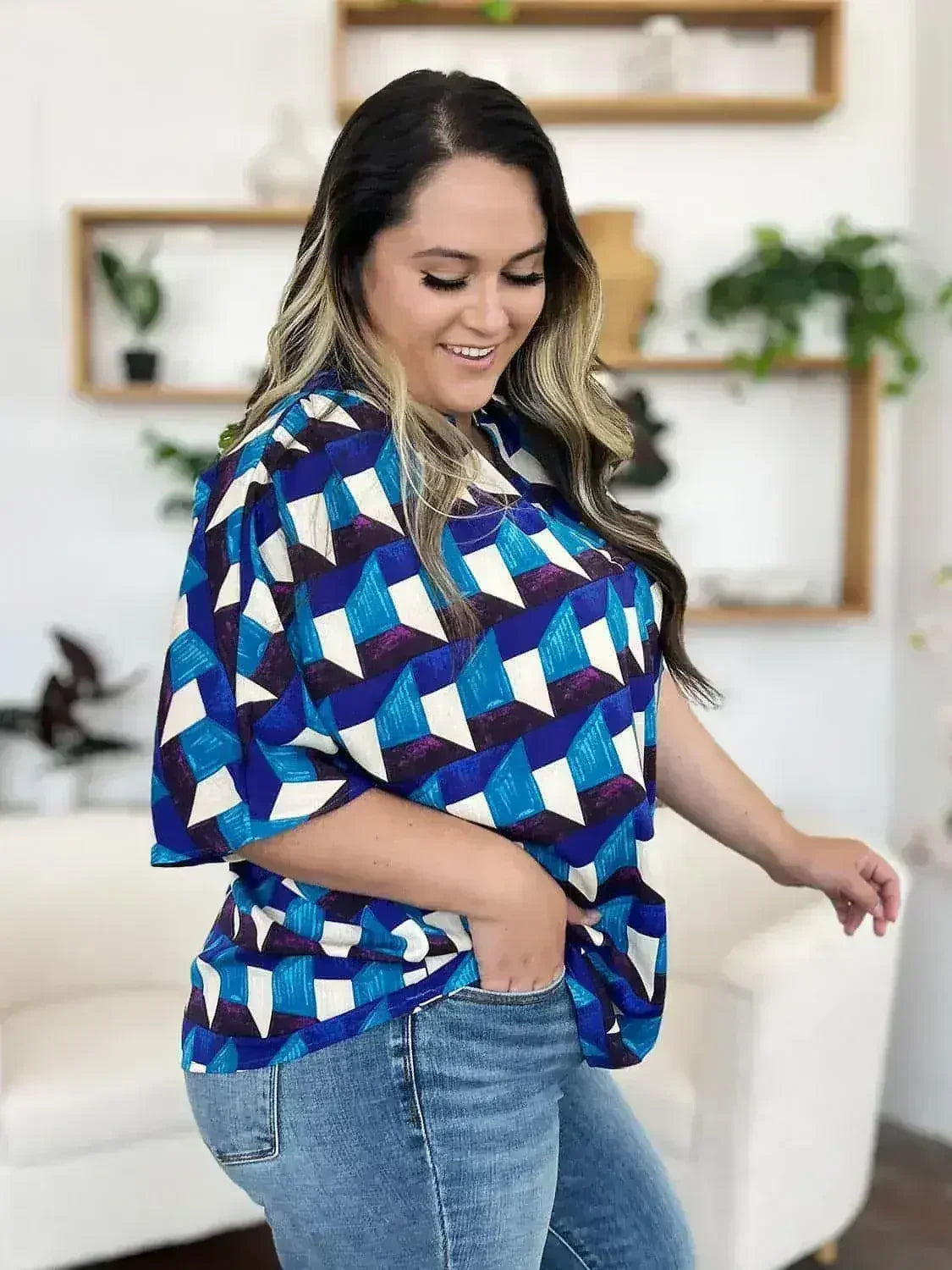 Geometric Notched Sleeve Blouse - Versatile Top | Femstylo