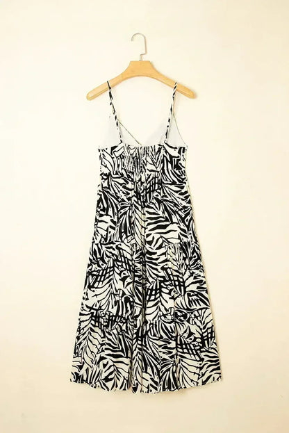Khaki Tropical Palm Print Wrapped V Neck Spaghetti Straps Tiered Dress