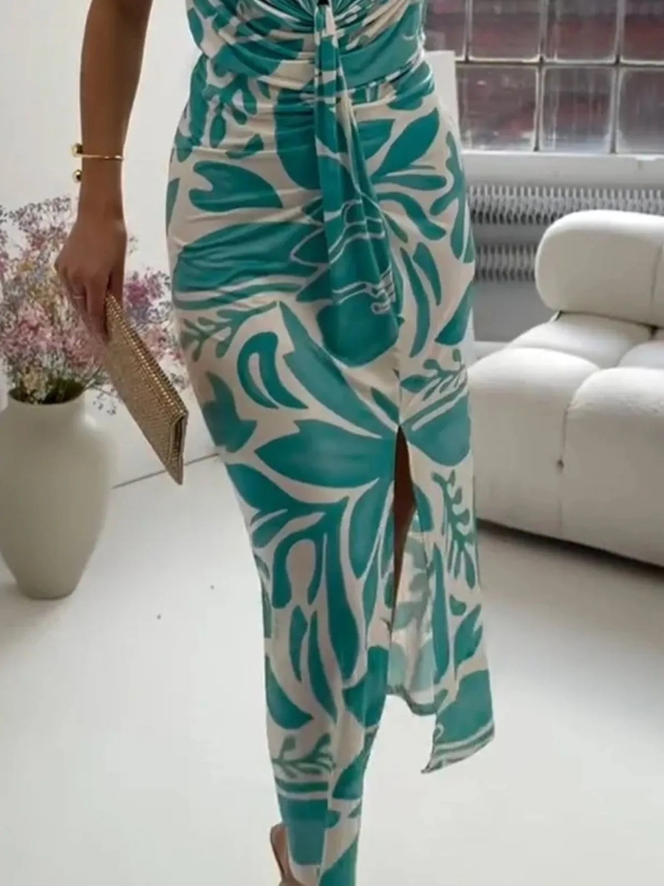 Full Size Slit Printed V-Neck Midi Dress Plus Size