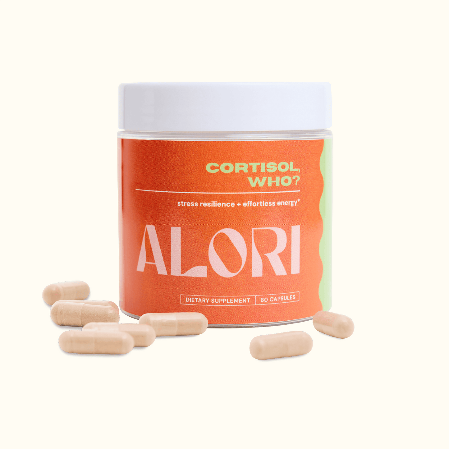Orange supplement container labeled 'ALORI' with white capsules on a white background