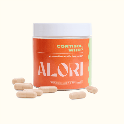 Orange supplement container labeled 'ALORI' with white capsules on a white background