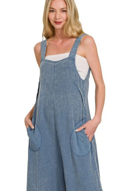Zenana Double Gauze Washed Wide Leg Overalls in Blue