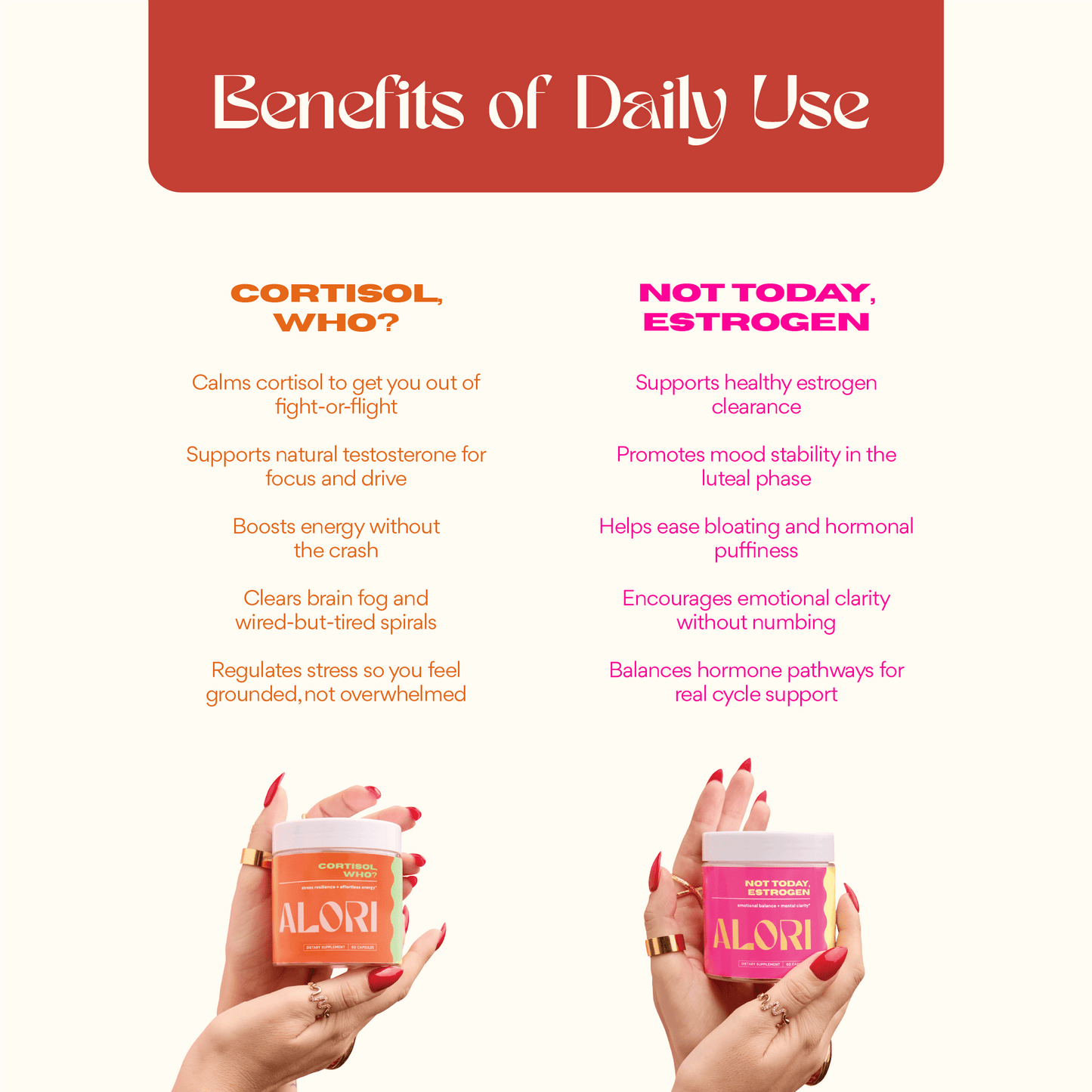 Two hands holding containers of a product with text about its benefits on a white background.