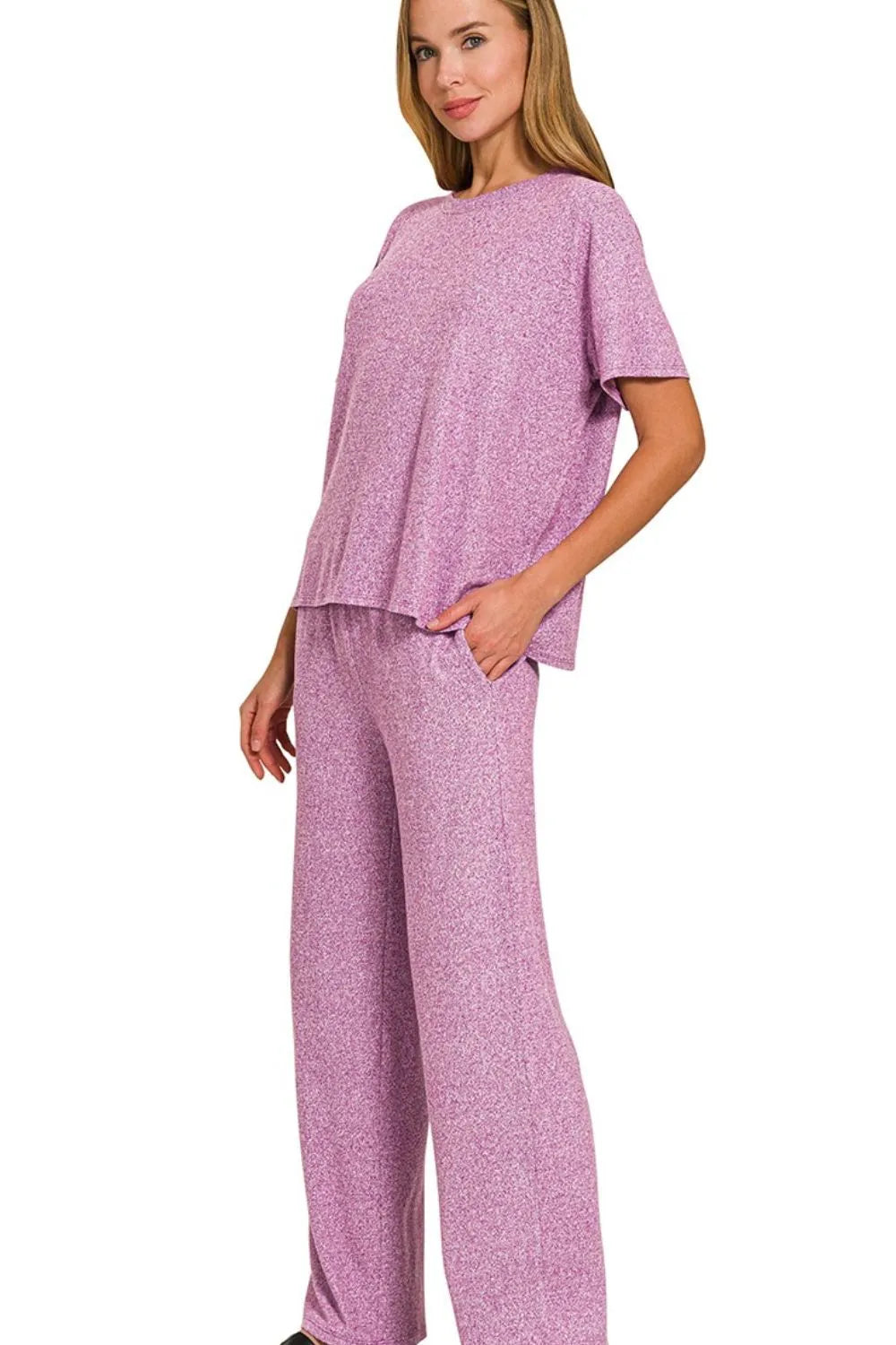 Zenana Soft Melange Short Sleeve Tee & Long Pants Set in Plum