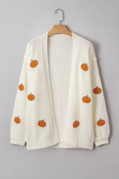 White Pumpkin Print Open Front Drop Shoulder Knit Cardigan