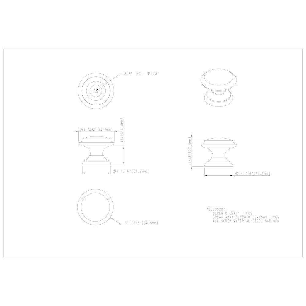 1-3/8" Diameter Satin Nickel Cordova Cabinet Knob