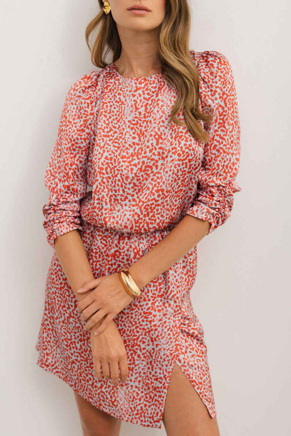 Tomato Red Leopard Print Dress with Side Slit Mini Design