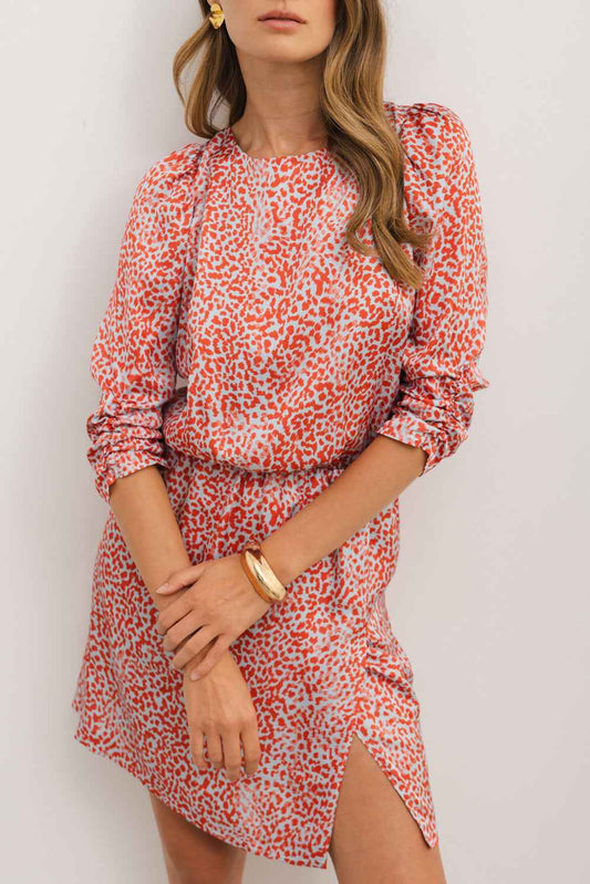 Tomato Red Leopard Print Dress with Side Slit Mini Design