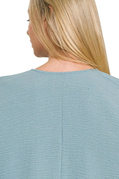 Zenana Woven Airflow V-neck Puff Half Sleeve Top in Blue Grey