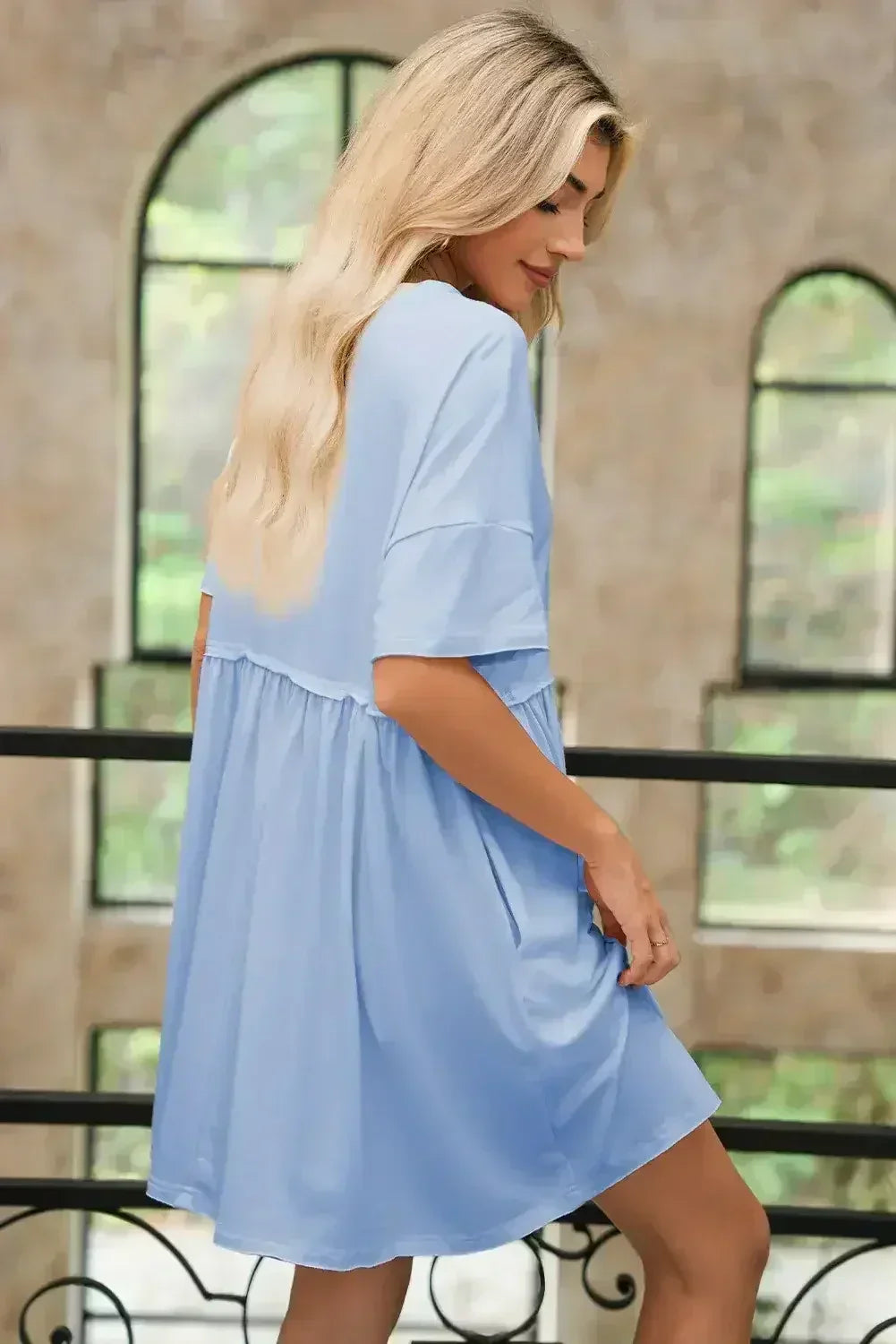 Sky Blue Solid Color Pocket Raw Edge Babydoll Dress