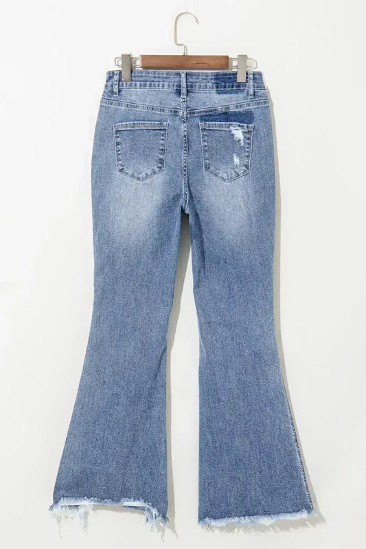 Dusk Blue High Rise Ripped Distressed Hem Flared Jeans
