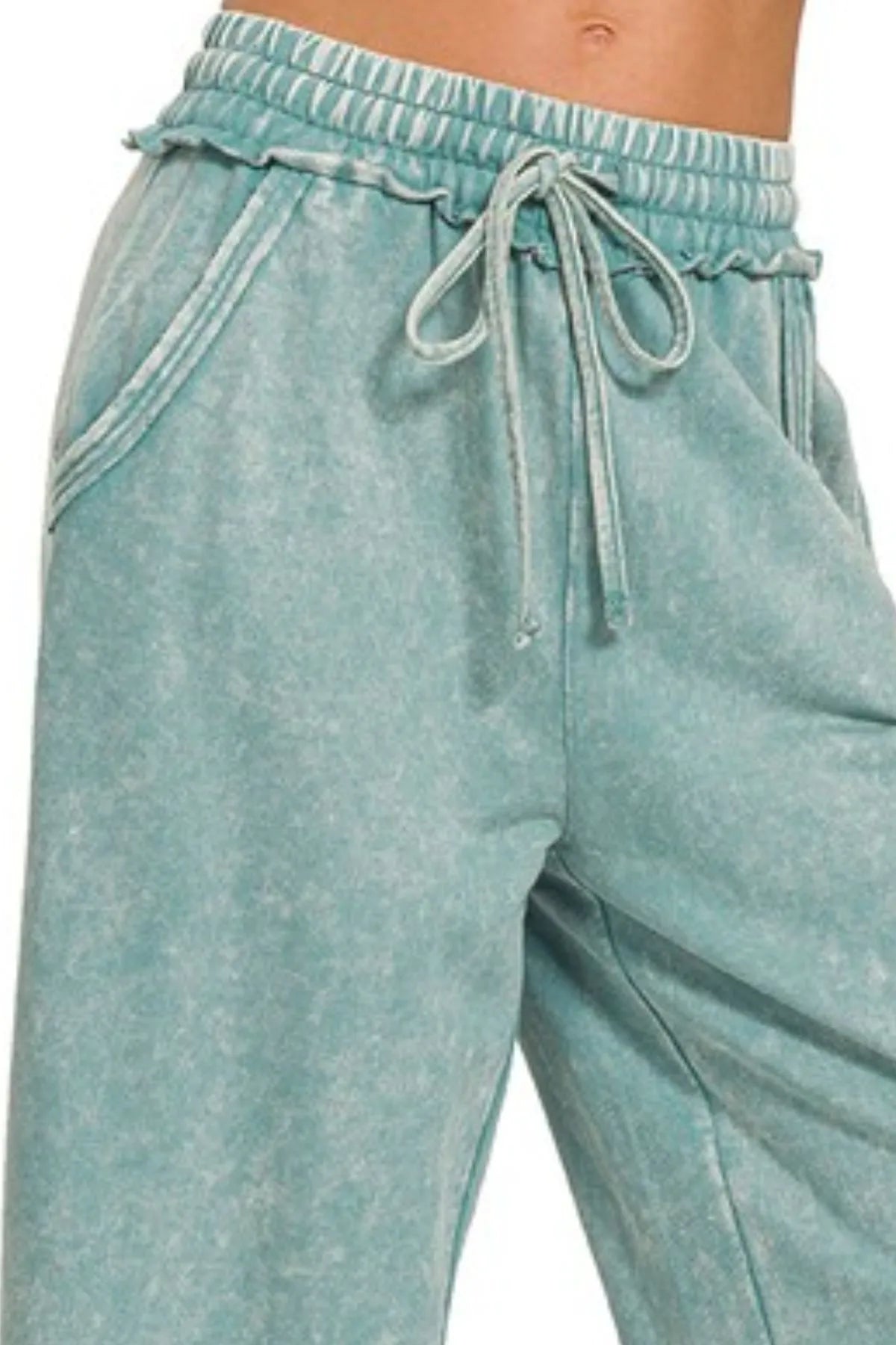 Zenana Washed French Terry Palazzo With Pockets in Ash Blue