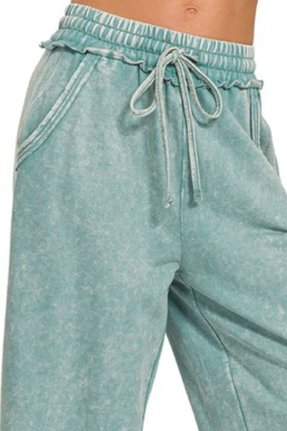 Zenana Washed French Terry Palazzo With Pockets in Ash Blue