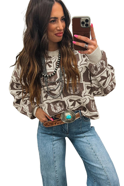 Brown Colorblock Bow Pattern Drop Sleeve Sweater