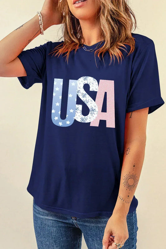 Blue USA Graphic July 4th Crew Neck T-Shirt – Patriotic Comfort Tee
