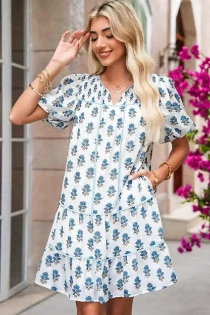 Sky Blue Floral Print Puff Sleeve Tiered Mini Dress