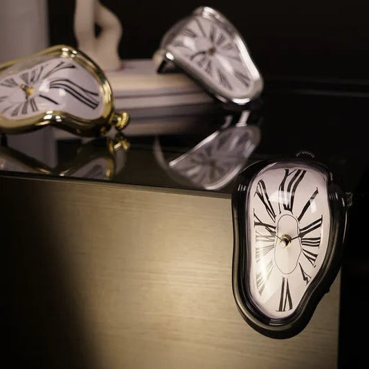 Surreal clock design on a reflective surface with a dark background
