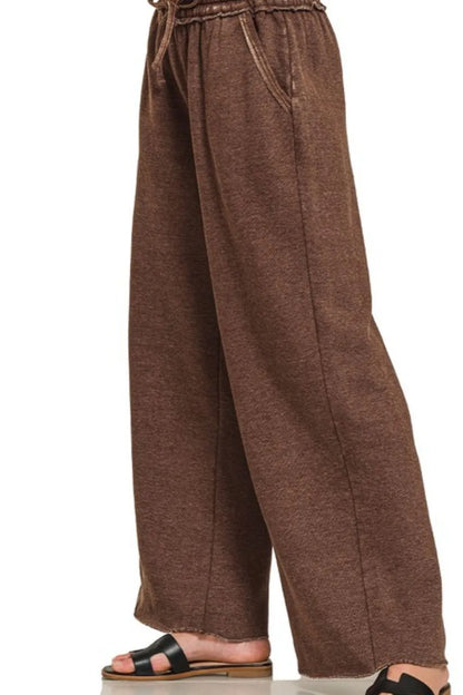 Zenana Acid Wash Fleece Palazzo Sweatpants with Pockets in Mahogany