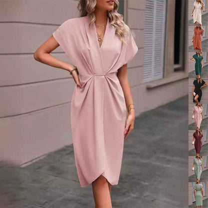 Summer Batwing Sleeve Dress - Stylish V-neck Pleated Short Sleeve Dress for Women