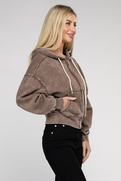 ZENANA Acid Wash Fleece Cropped Zip-Up Hoodie