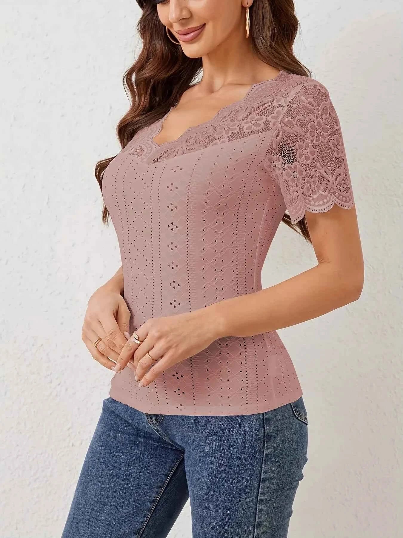 Lace Trim Eyelet Embroidered Summer T Shirt
