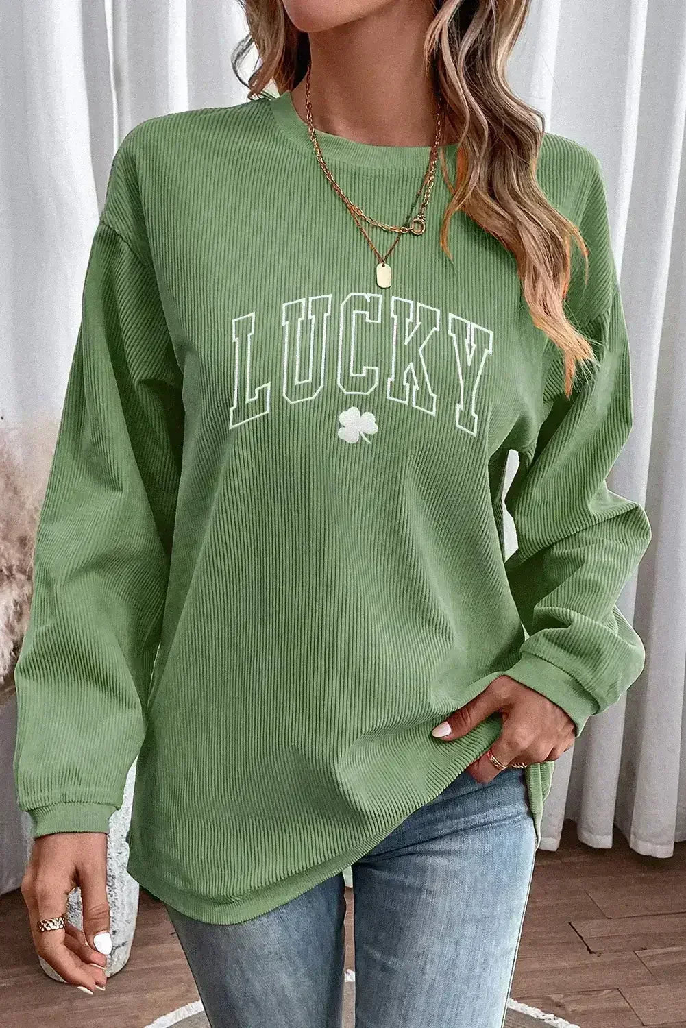 Grass Green LUCKY Clover Drop Shoulder Ribbed St Patrick Sweatshirt