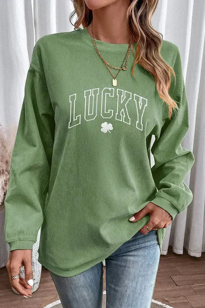 Grass Green LUCKY Clover Drop Shoulder Ribbed St Patrick Sweatshirt