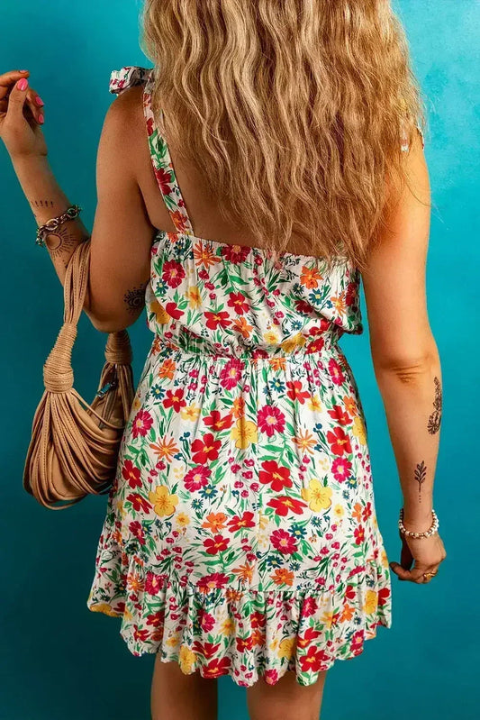 Red Floral Print Knotted Strap Cinched Waist Ruffle Hem Mini Dress