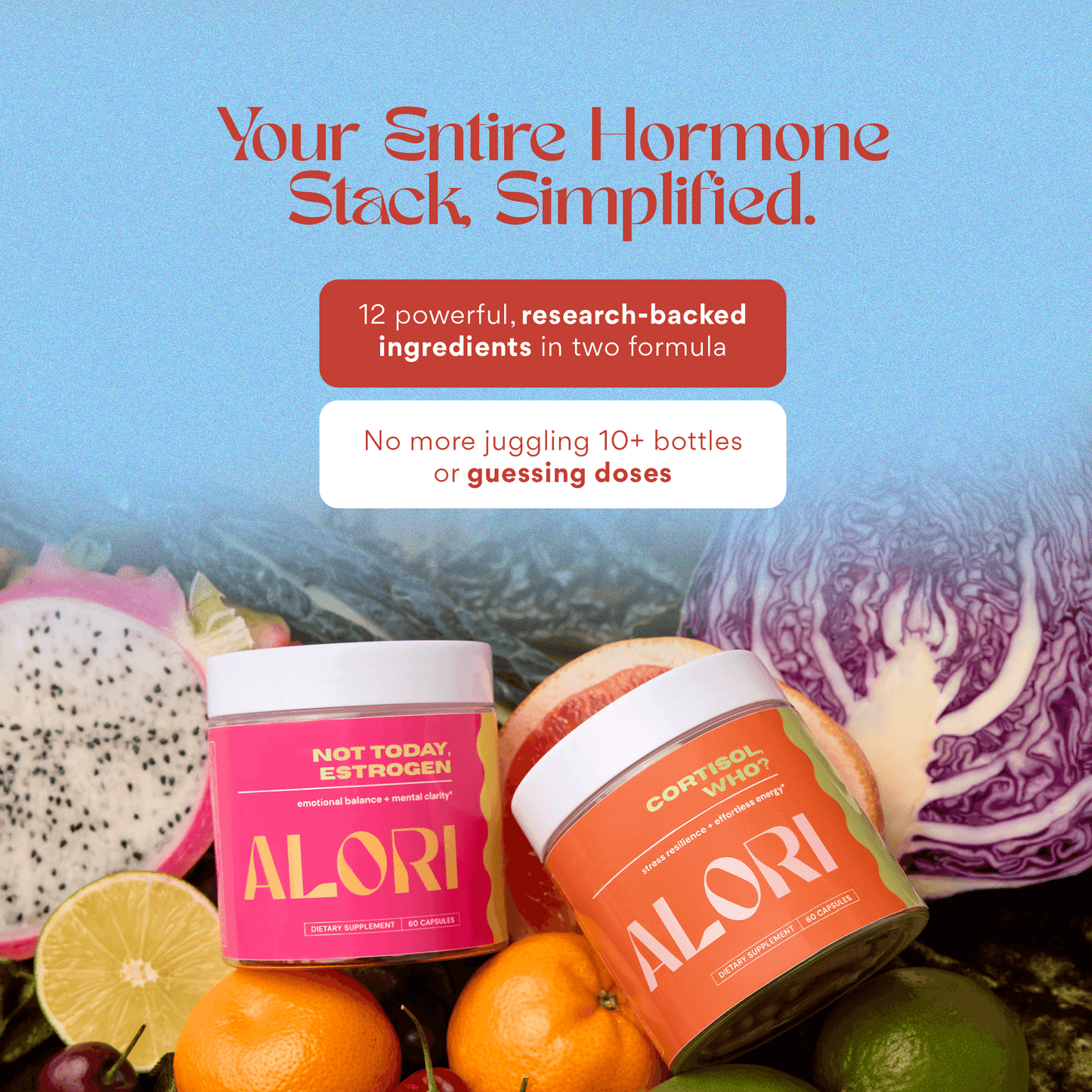 Two Alori supplement containers with fruits and vegetables on a blue background