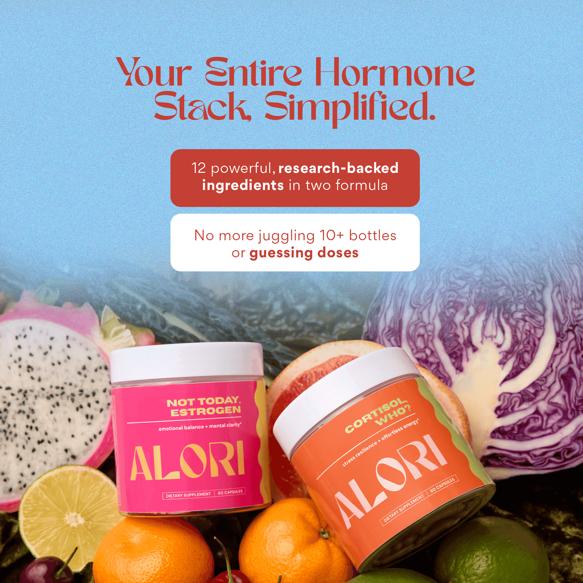 Two Alori supplement containers with fruits and vegetables on a blue background