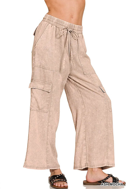 Zenana Washed Linen Elastic Band Waist Cargo Pants in Mocha