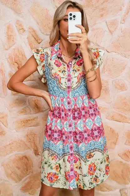 Rose Floral Ethnic Print Ruffle Mini Dress