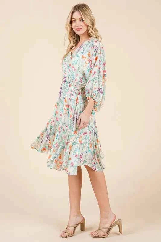 Lime and Chili Dress with Cinched Waist and Balloon Sleeves