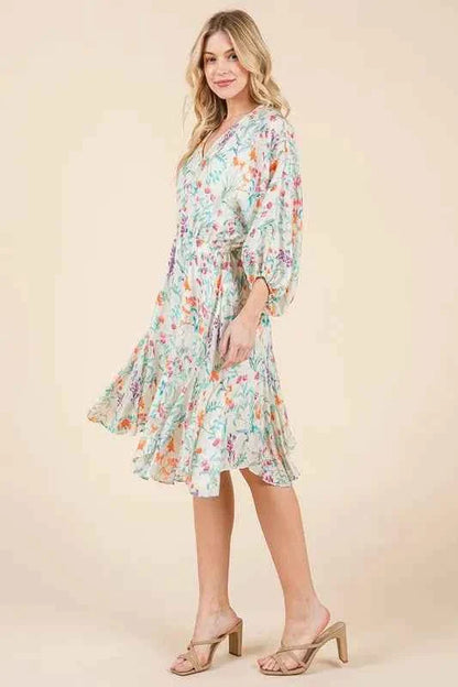 Lime and Chili Dress with Cinched Waist and Balloon Sleeves
