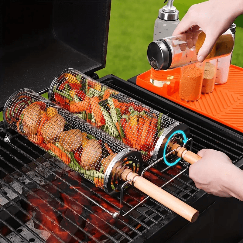Stainless Steel BBQ Grill Basket with Wood Handle – Non-Stick Rolling Grilling Cage for Vegetables & Meat – Outdoor Camping & BBQ Accessories